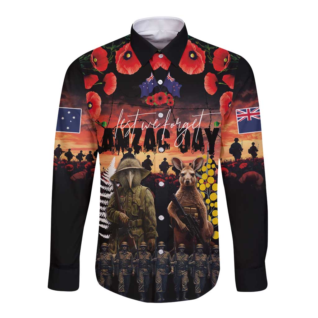 Australia and New Zealand ANZAC Day Long Sleeve Button Shirt Kangaroo and Kiwi Bird Soldier - Forever in My Thoughts