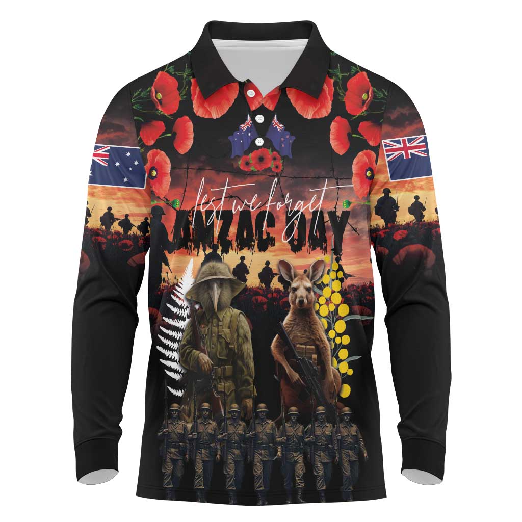 Australia and New Zealand ANZAC Day Long Sleeve Polo Shirt Kangaroo and Kiwi Bird Soldier - Forever in My Thoughts