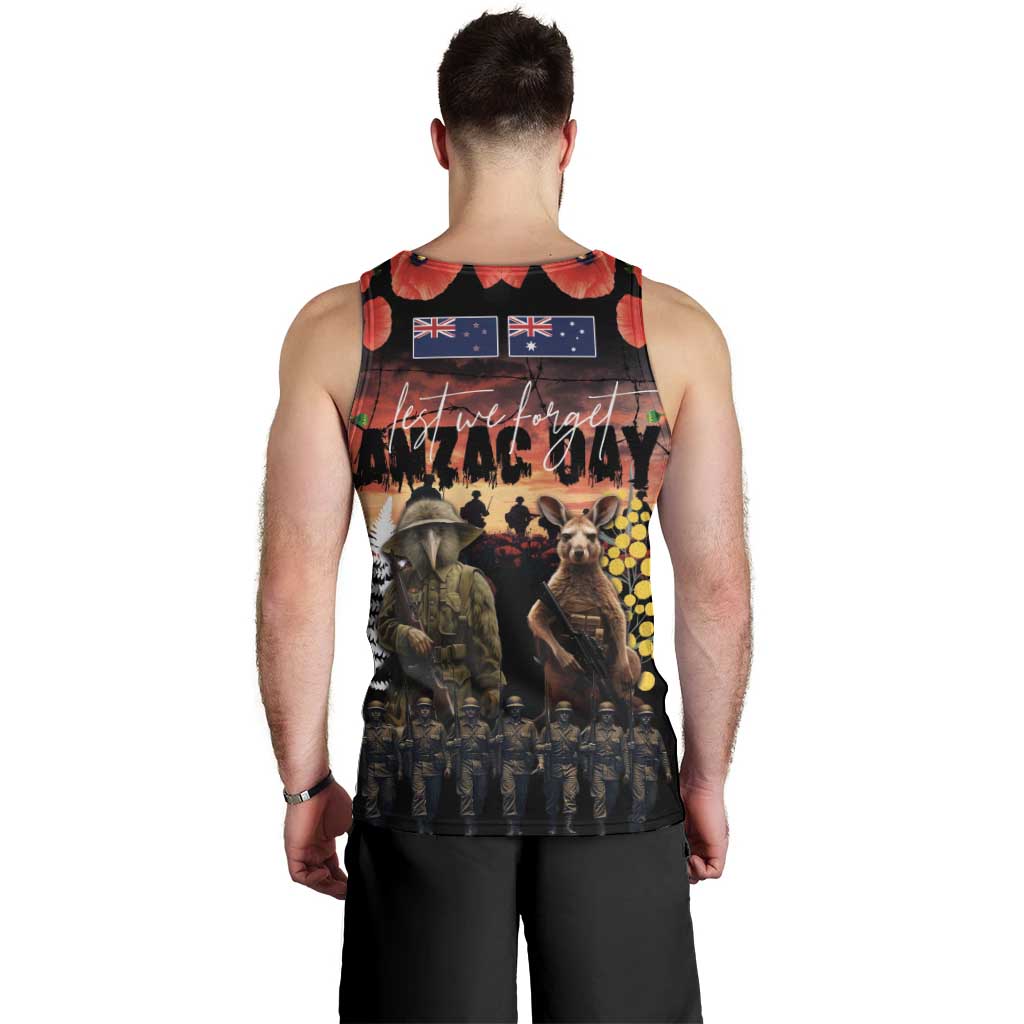 Australia and New Zealand ANZAC Day Men Tank Top Kangaroo and Kiwi Bird Soldier - Forever in My Thoughts