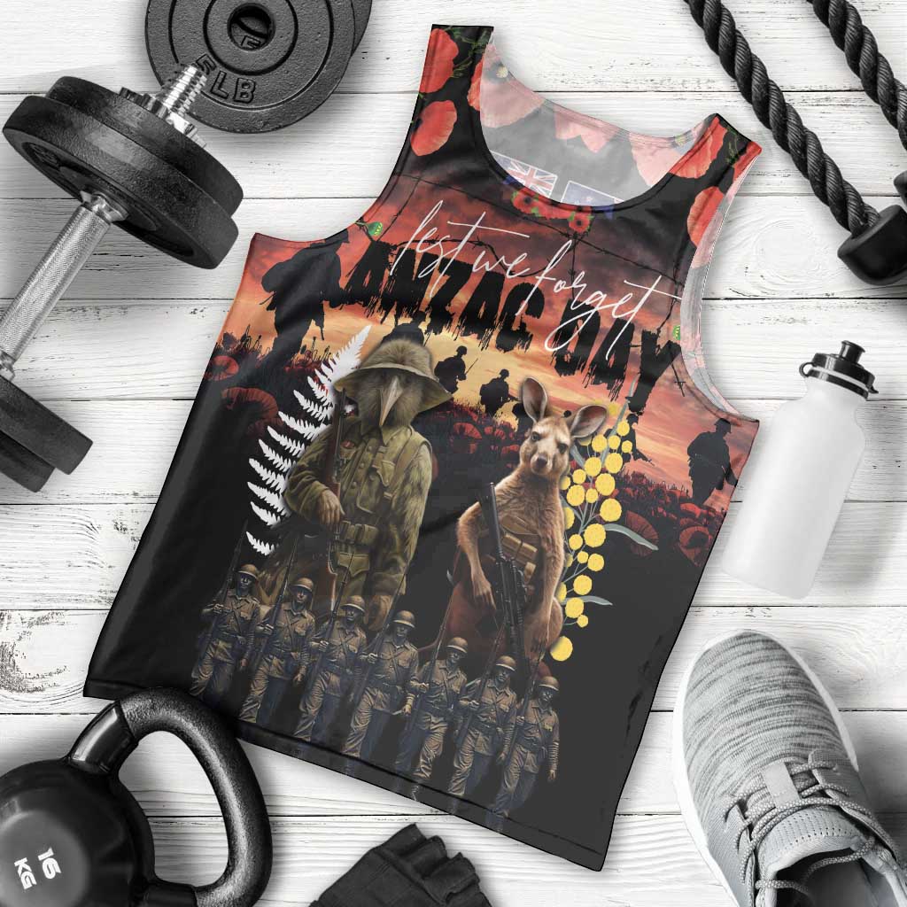 Australia and New Zealand ANZAC Day Men Tank Top Kangaroo and Kiwi Bird Soldier - Forever in My Thoughts