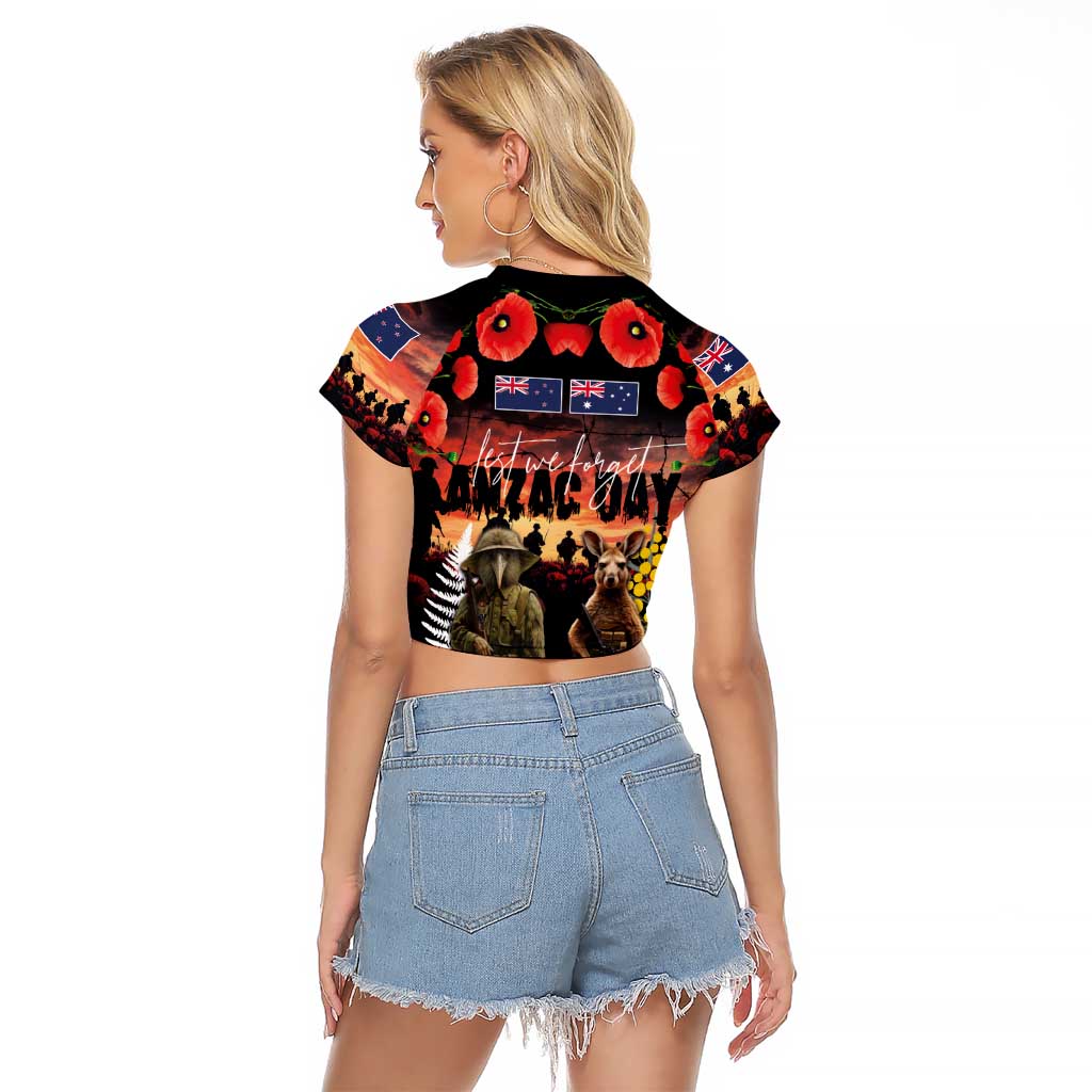 Australia and New Zealand ANZAC Day Raglan Cropped T Shirt Kangaroo and Kiwi Bird Soldier - Forever in My Thoughts