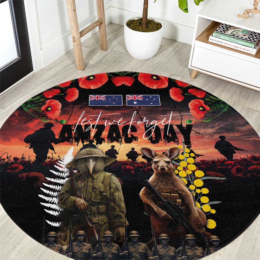 Australia and New Zealand ANZAC Day Round Carpet Kangaroo and Kiwi Bird Soldier - Forever in My Thoughts