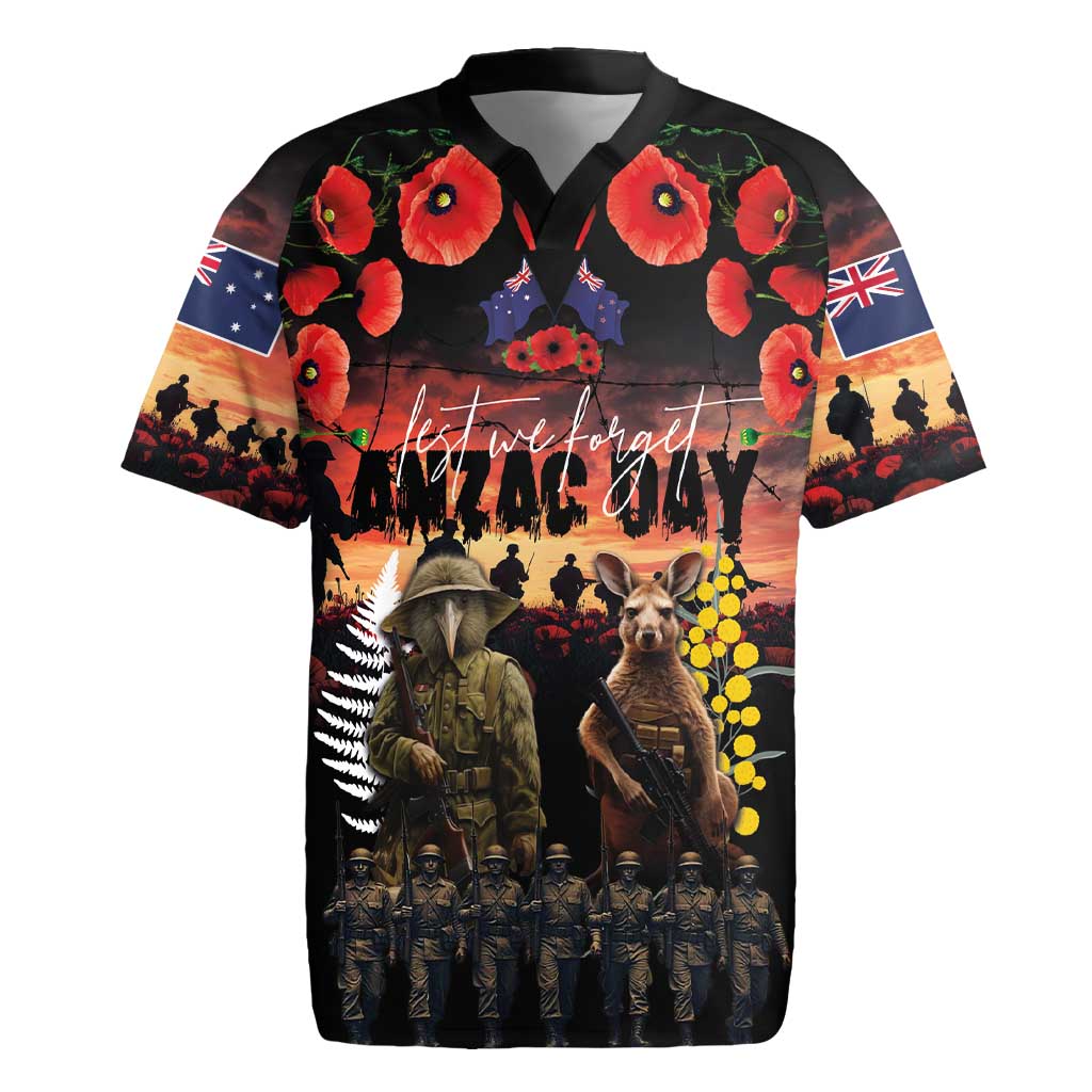 Australia and New Zealand ANZAC Day Rugby Jersey Kangaroo and Kiwi Bird Soldier - Forever in My Thoughts