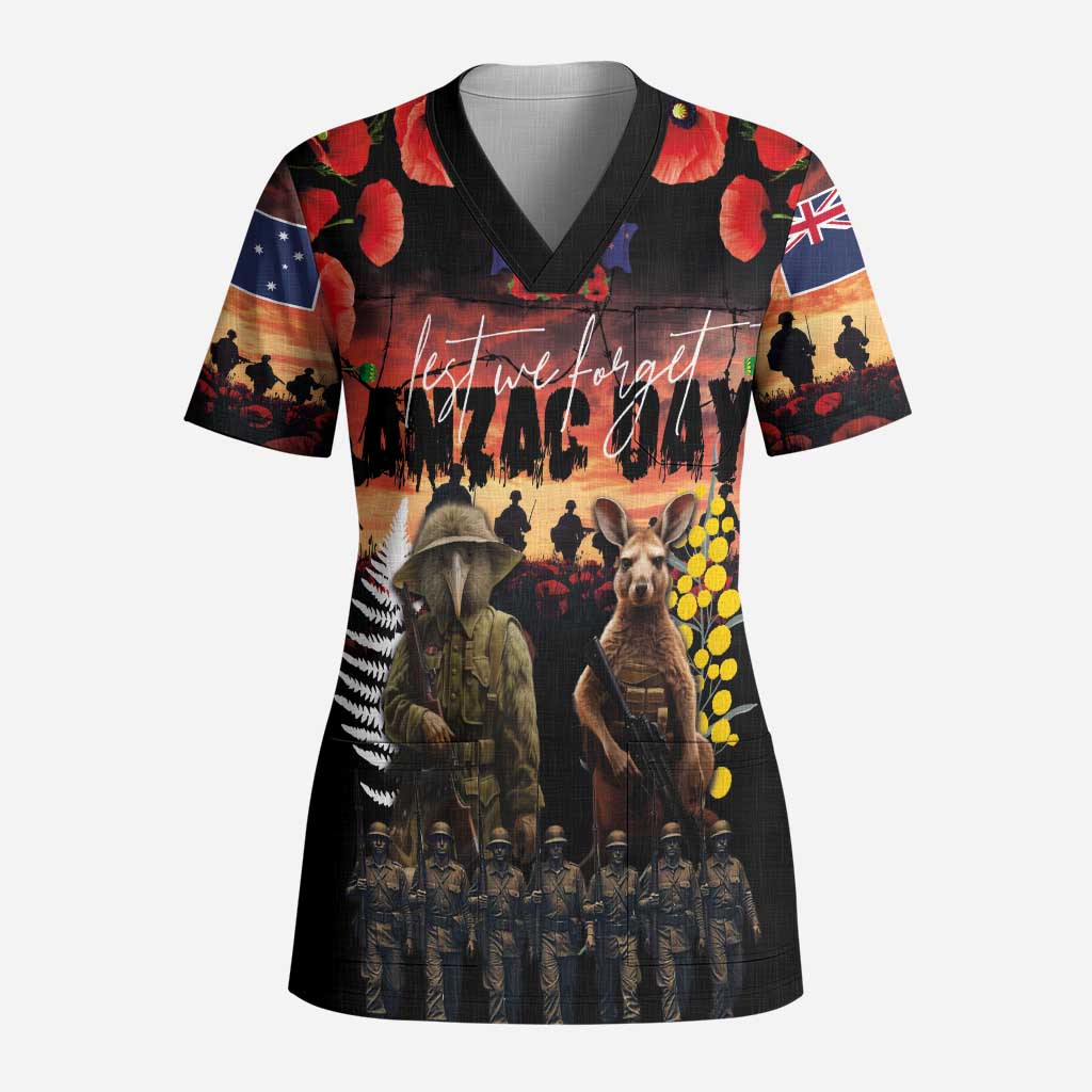 Australia and New Zealand ANZAC Day Scrub Top Kangaroo and Kiwi Bird Soldier - Forever in My Thoughts - Polynesian Pride