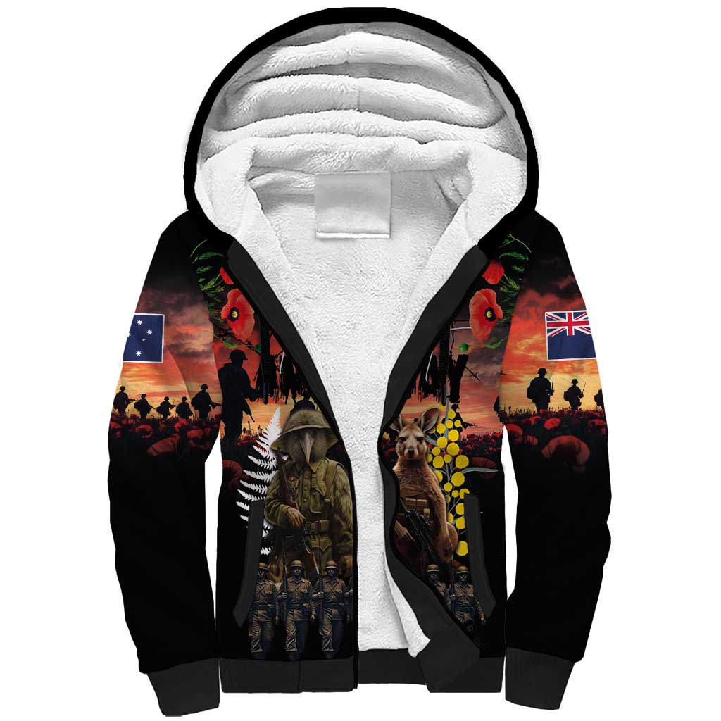 Australia and New Zealand ANZAC Day Sherpa Hoodie Kangaroo and Kiwi Bird Soldier - Forever in My Thoughts