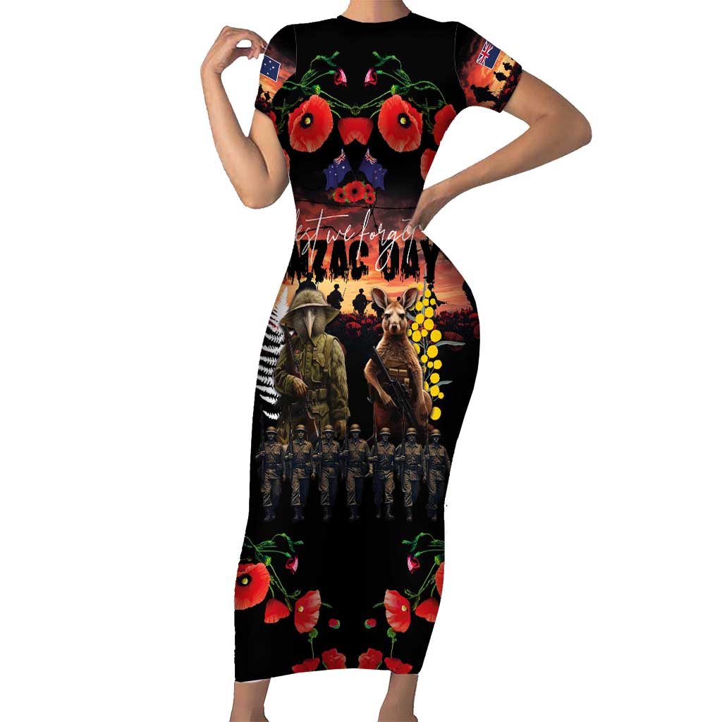 Australia and New Zealand ANZAC Day Short Sleeve Bodycon Dress Kangaroo and Kiwi Bird Soldier - Forever in My Thoughts