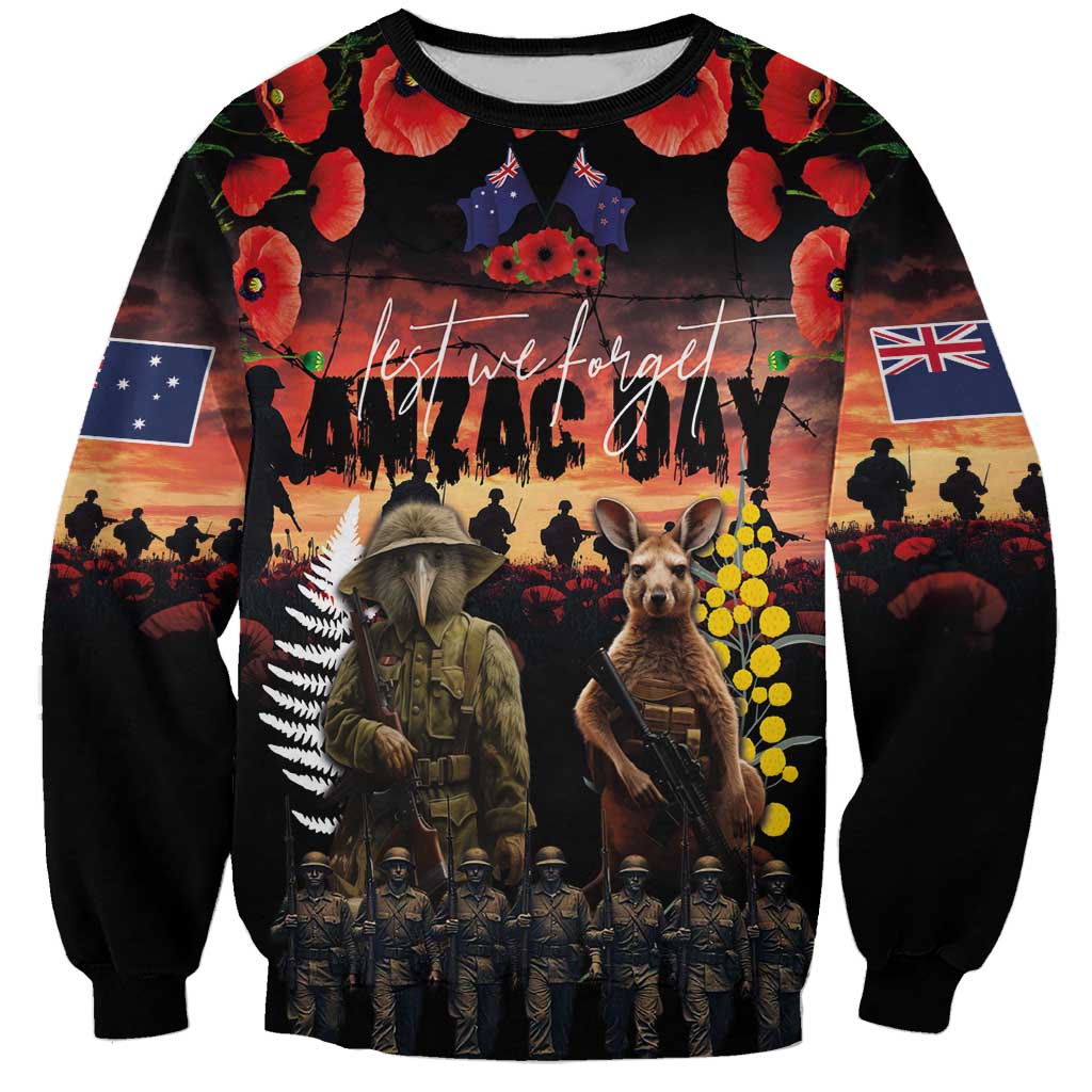 Australia and New Zealand ANZAC Day Sweatshirt Kangaroo and Kiwi Bird Soldier - Forever in My Thoughts