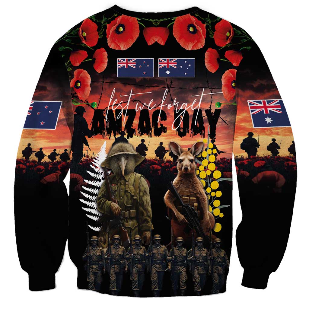 Australia and New Zealand ANZAC Day Sweatshirt Kangaroo and Kiwi Bird Soldier - Forever in My Thoughts