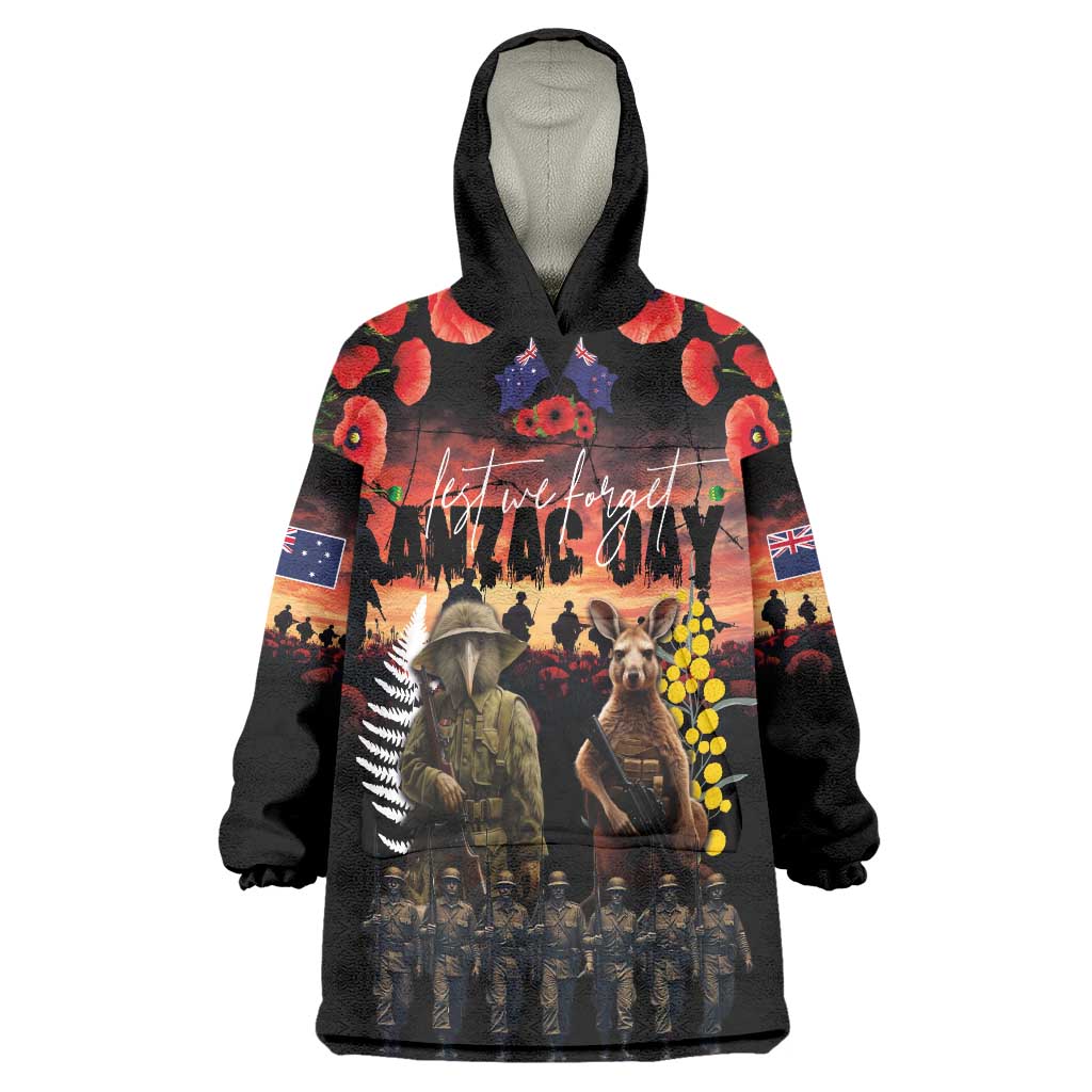 Australia and New Zealand ANZAC Day Wearable Blanket Hoodie Kangaroo and Kiwi Bird Soldier - Forever in My Thoughts