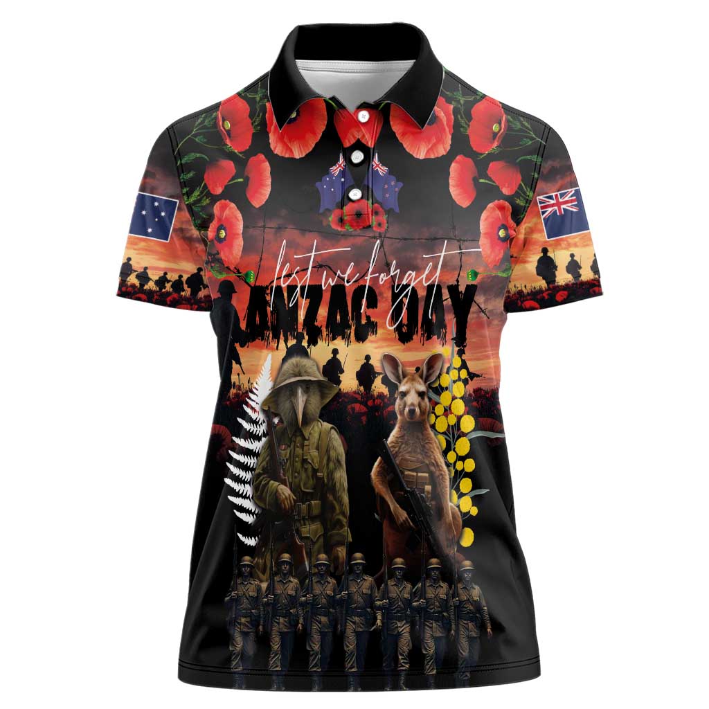 Australia and New Zealand ANZAC Day Women Polo Shirt Kangaroo and Kiwi Bird Soldier - Forever in My Thoughts