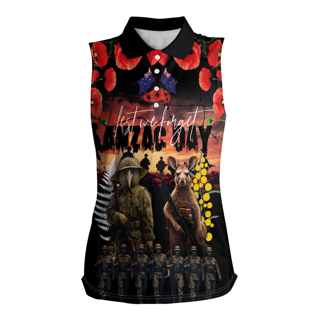 Australia and New Zealand ANZAC Day Women Sleeveless Polo Shirt Kangaroo and Kiwi Bird Soldier - Forever in My Thoughts