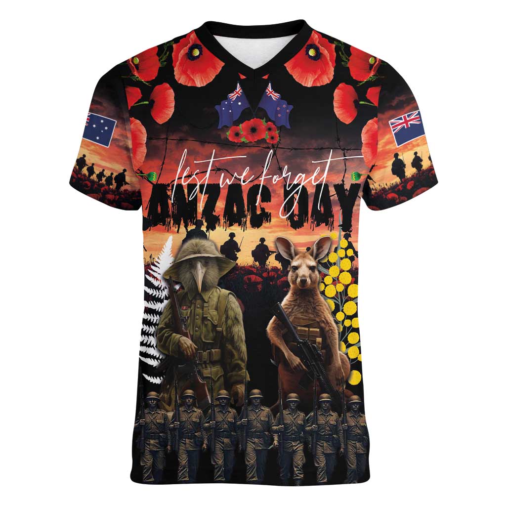 Australia and New Zealand ANZAC Day Women V-Neck T-Shirt Kangaroo and Kiwi Bird Soldier - Forever in My Thoughts