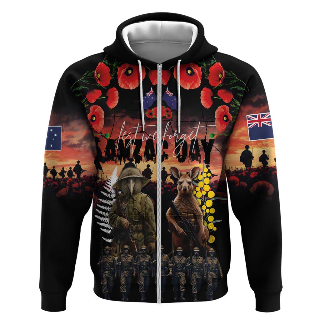 Australia and New Zealand ANZAC Day Zip Hoodie Kangaroo and Kiwi Bird Soldier - Forever in My Thoughts