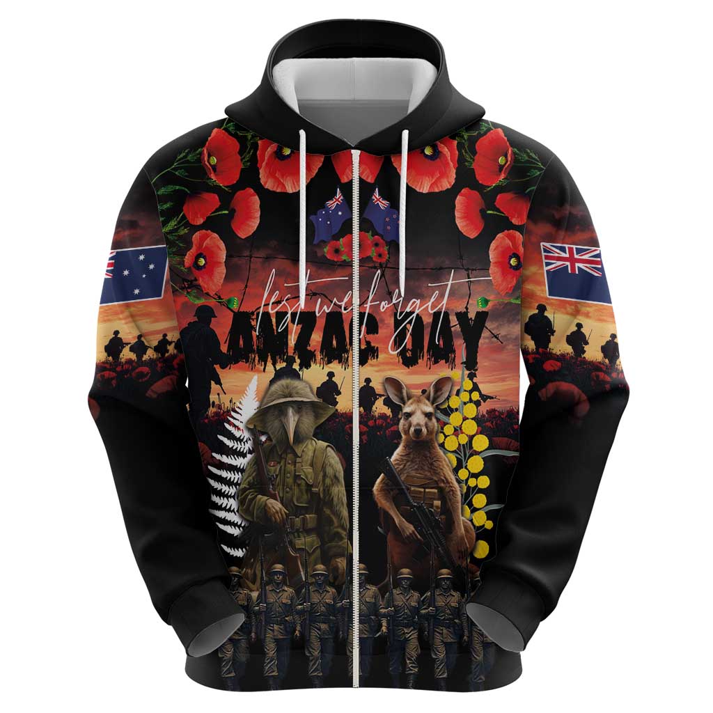 Australia and New Zealand ANZAC Day Zip Hoodie Kangaroo and Kiwi Bird Soldier - Forever in My Thoughts