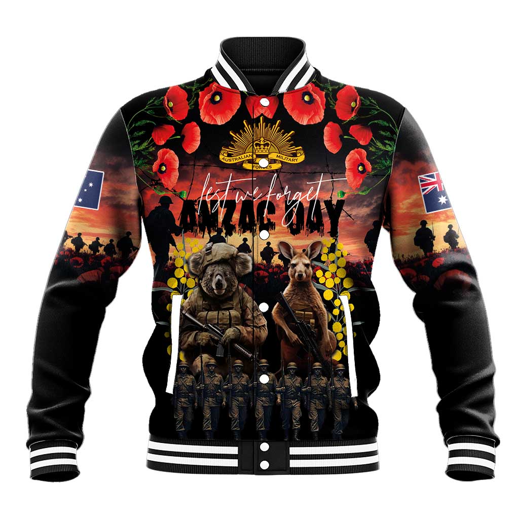Australia ANZAC Day Baseball Jacket Kangaroo and Koala Soldier - Forever in My Thoughts LT03 Unisex Black - Polynesian Pride