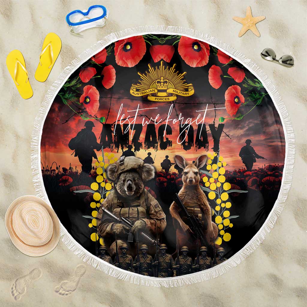 Australia ANZAC Day Beach Blanket Kangaroo and Koala Soldier - Forever in My Thoughts LT03 One Size 150cm Black - Polynesian Pride