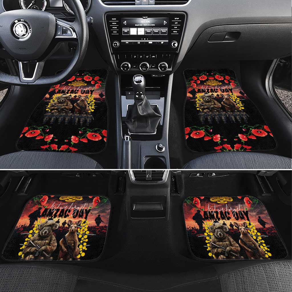 Australia ANZAC Day Car Mats Kangaroo and Koala Soldier - Forever in My Thoughts LT03 Set 4pcs Black - Polynesian Pride