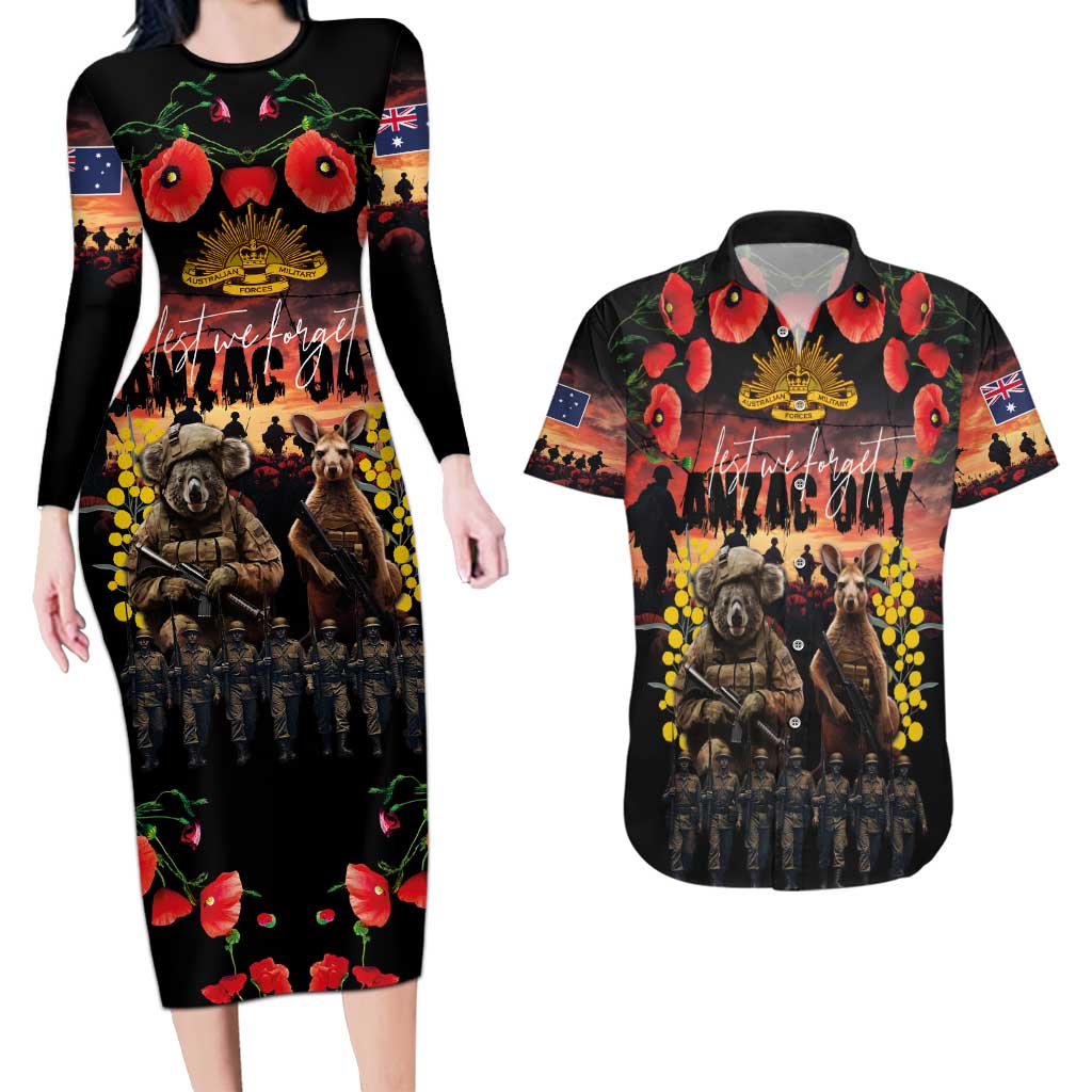 Australia ANZAC Day Couples Matching Long Sleeve Bodycon Dress and Hawaiian Shirt Kangaroo and Koala Soldier - Forever in My Thoughts LT03 Black - Polynesian Pride