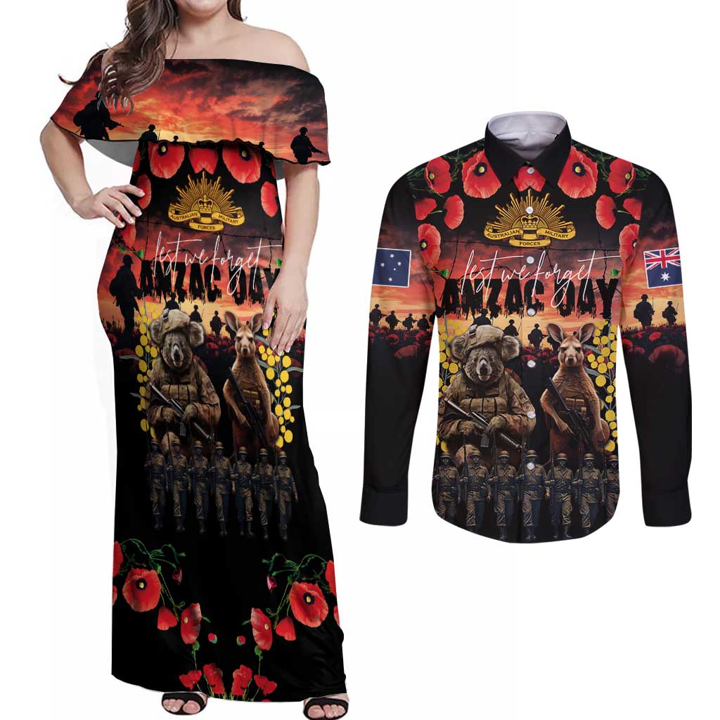 Australia ANZAC Day Couples Matching Off Shoulder Maxi Dress and Long Sleeve Button Shirt Kangaroo and Koala Soldier - Forever in My Thoughts LT03 Black - Polynesian Pride