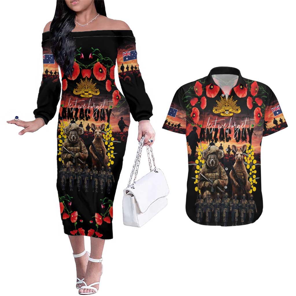 Australia ANZAC Day Couples Matching Off The Shoulder Long Sleeve Dress and Hawaiian Shirt Kangaroo and Koala Soldier - Forever in My Thoughts