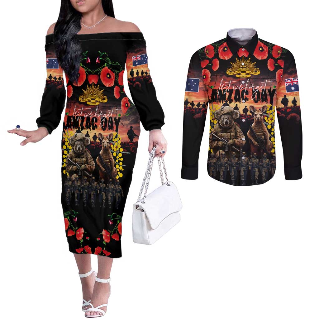Australia ANZAC Day Couples Matching Off The Shoulder Long Sleeve Dress and Long Sleeve Button Shirt Kangaroo and Koala Soldier - Forever in My Thoughts LT03 Black - Polynesian Pride