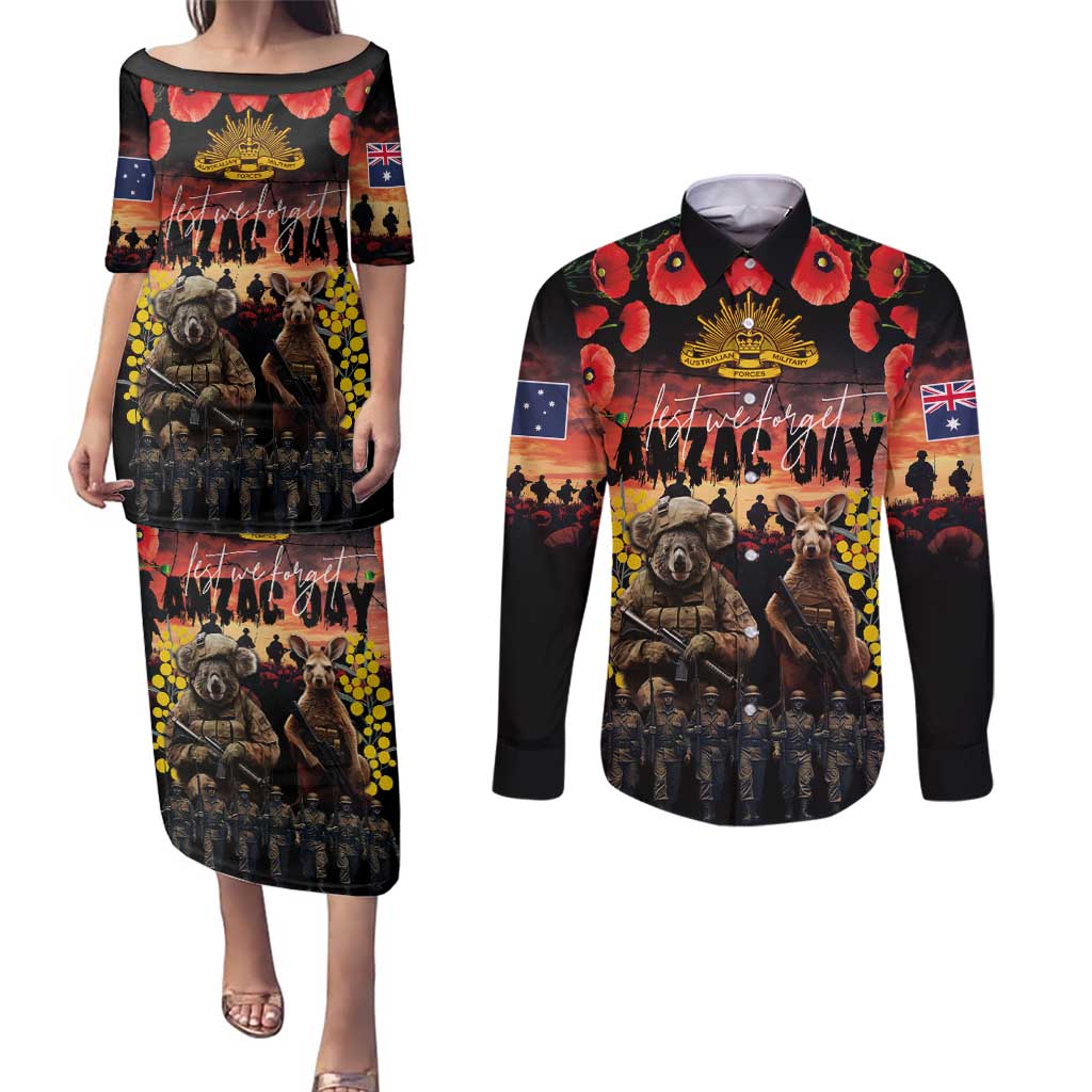 Australia ANZAC Day Couples Matching Puletasi and Long Sleeve Button Shirt Kangaroo and Koala Soldier - Forever in My Thoughts