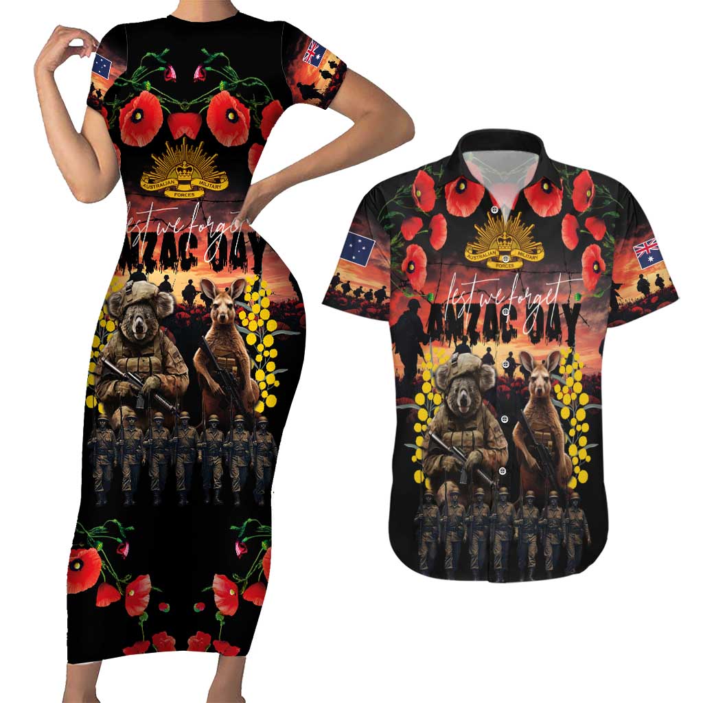 Australia ANZAC Day Couples Matching Short Sleeve Bodycon Dress and Hawaiian Shirt Kangaroo and Koala Soldier - Forever in My Thoughts LT03 Black - Polynesian Pride