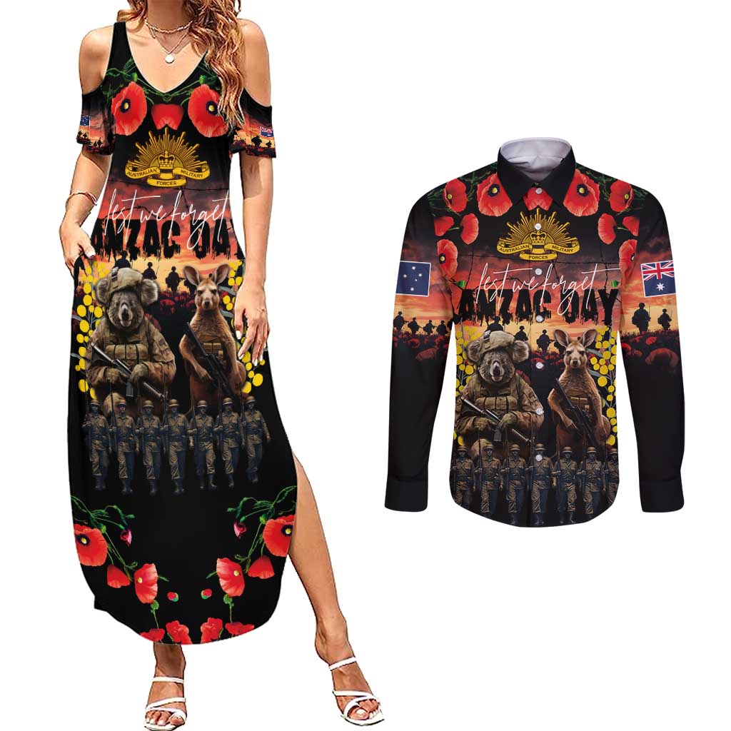 Australia ANZAC Day Couples Matching Summer Maxi Dress and Long Sleeve Button Shirt Kangaroo and Koala Soldier - Forever in My Thoughts