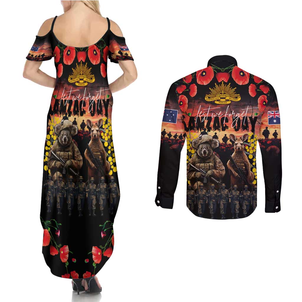 Australia ANZAC Day Couples Matching Summer Maxi Dress and Long Sleeve Button Shirt Kangaroo and Koala Soldier - Forever in My Thoughts LT03 - Polynesian Pride