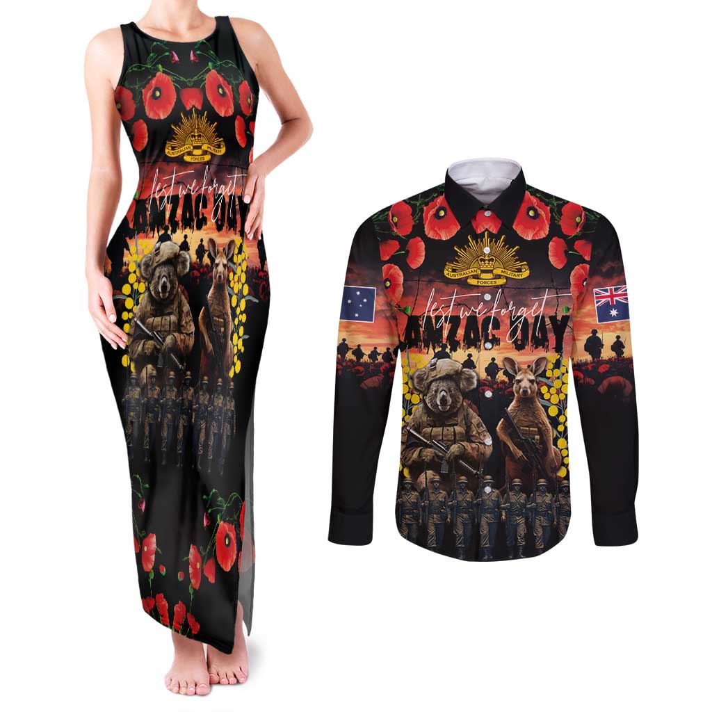 Australia ANZAC Day Couples Matching Tank Maxi Dress and Long Sleeve Button Shirt Kangaroo and Koala Soldier - Forever in My Thoughts