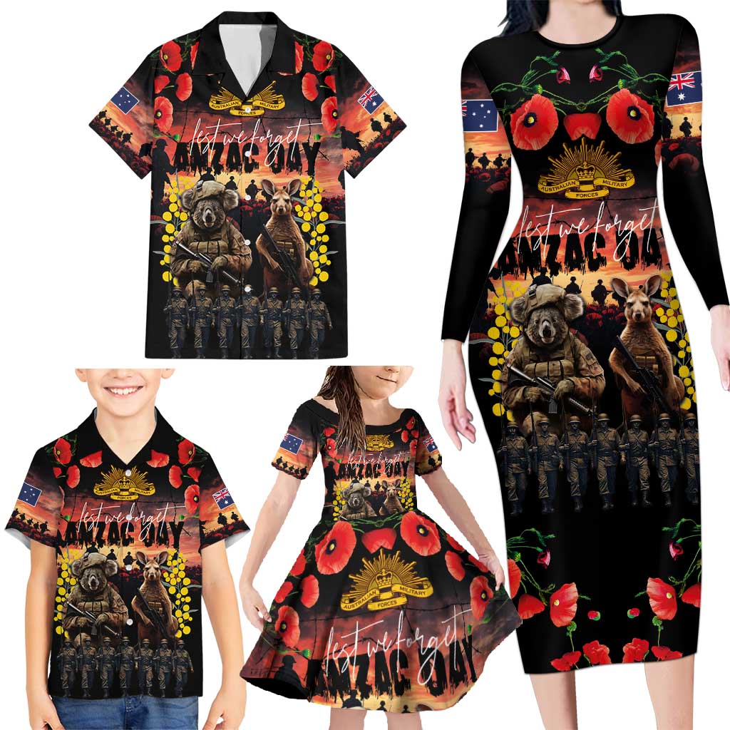 Australia ANZAC Day Family Matching Long Sleeve Bodycon Dress and Hawaiian Shirt Kangaroo and Koala Soldier - Forever in My Thoughts