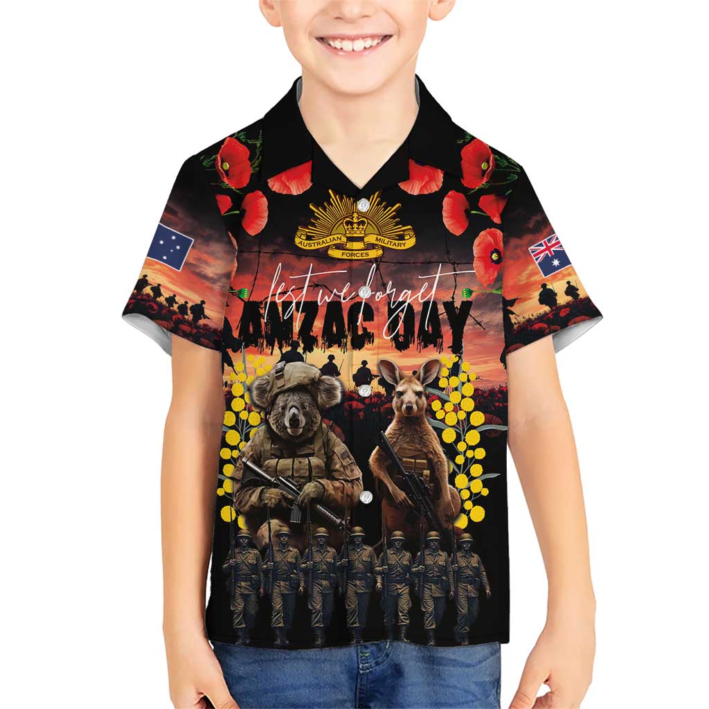 Australia ANZAC Day Kid Hawaiian Shirt Kangaroo and Koala Soldier - Forever in My Thoughts