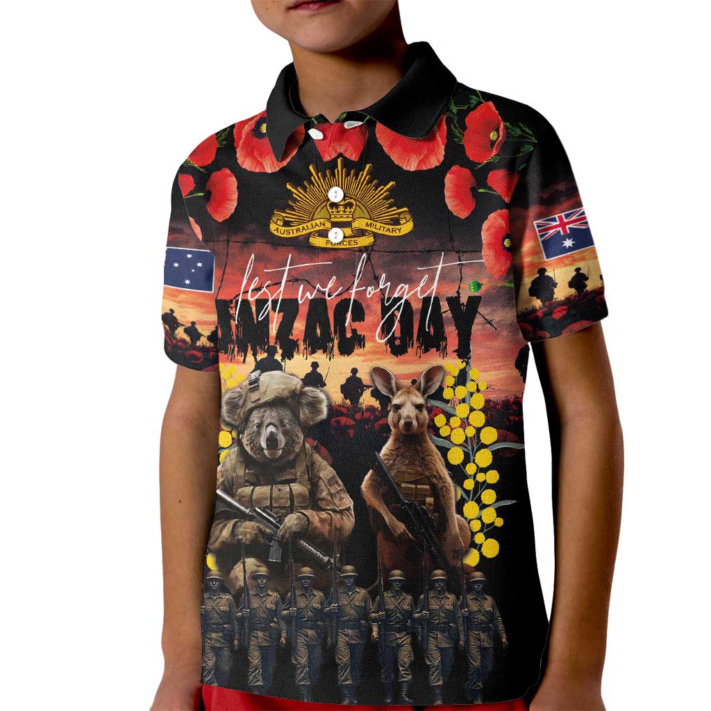 Australia ANZAC Day Kid Polo Shirt Kangaroo and Koala Soldier - Forever in My Thoughts