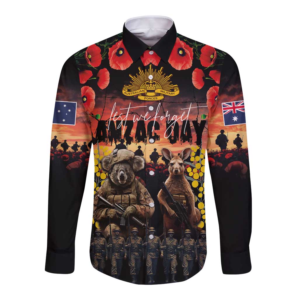 Australia ANZAC Day Long Sleeve Button Shirt Kangaroo and Koala Soldier - Forever in My Thoughts