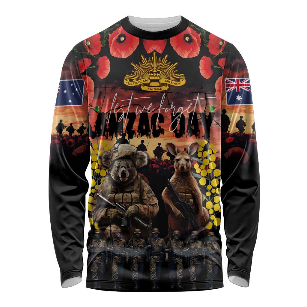 Australia ANZAC Day Long Sleeve Shirt Kangaroo and Koala Soldier - Forever in My Thoughts LT03 Unisex Black - Polynesian Pride