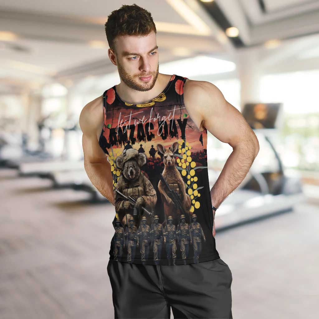 Australia ANZAC Day Men Tank Top Kangaroo and Koala Soldier - Forever in My Thoughts LT03 Black - Polynesian Pride