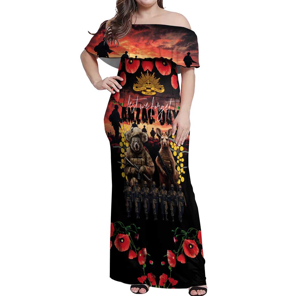 Australia ANZAC Day Off Shoulder Maxi Dress Kangaroo and Koala Soldier - Forever in My Thoughts LT03 Women Black - Polynesian Pride