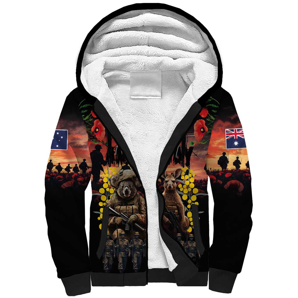 Australia ANZAC Day Sherpa Hoodie Kangaroo and Koala Soldier - Forever in My Thoughts LT03 Unisex Black - Polynesian Pride