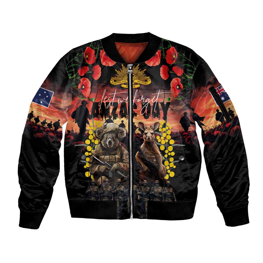 Australia ANZAC Day Sleeve Zip Bomber Jacket Kangaroo and Koala Soldier - Forever in My Thoughts