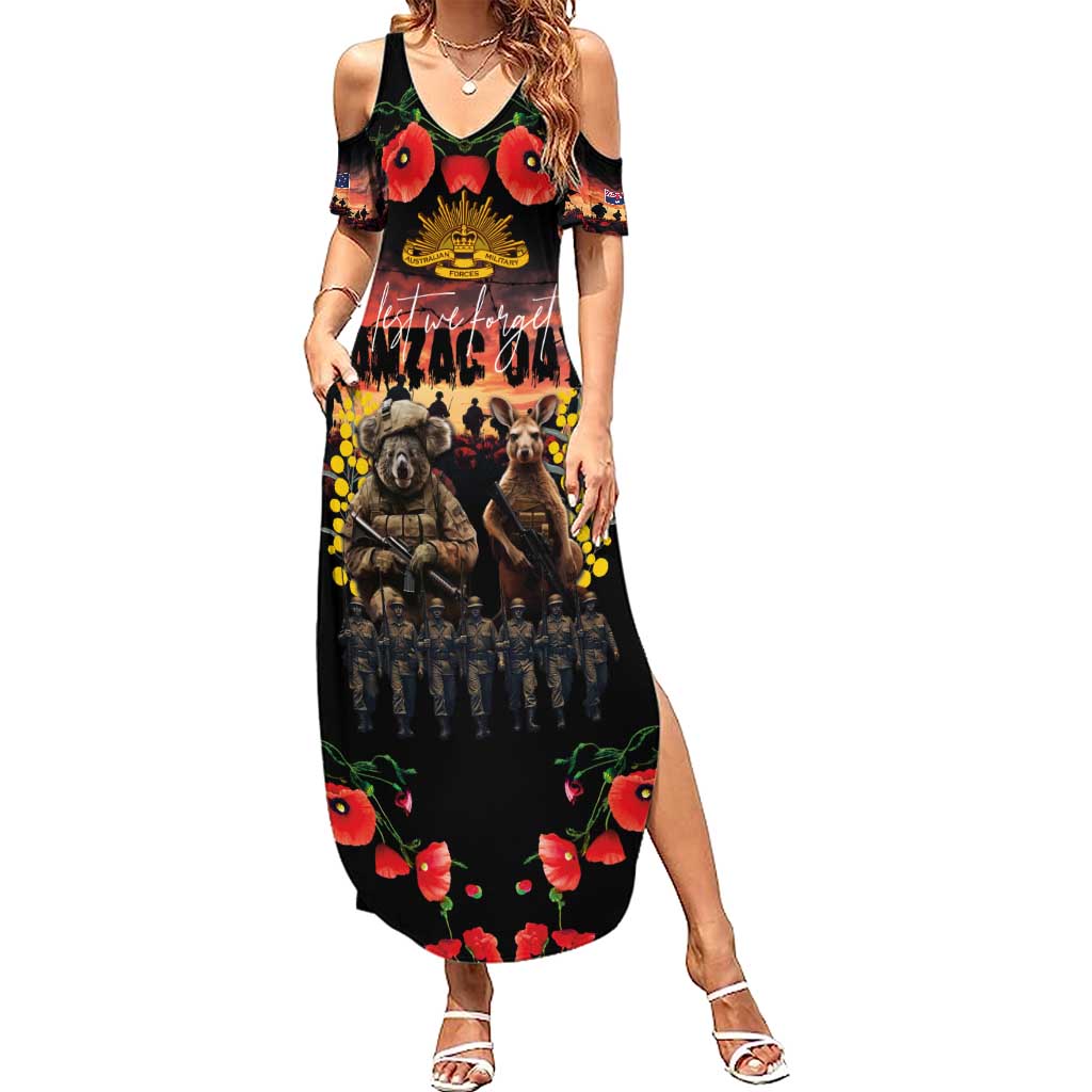 Australia ANZAC Day Summer Maxi Dress Kangaroo and Koala Soldier - Forever in My Thoughts LT03 Women Black - Polynesian Pride
