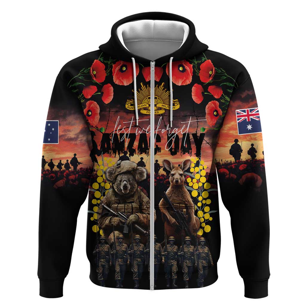 Australia ANZAC Day Zip Hoodie Kangaroo and Koala Soldier - Forever in My Thoughts