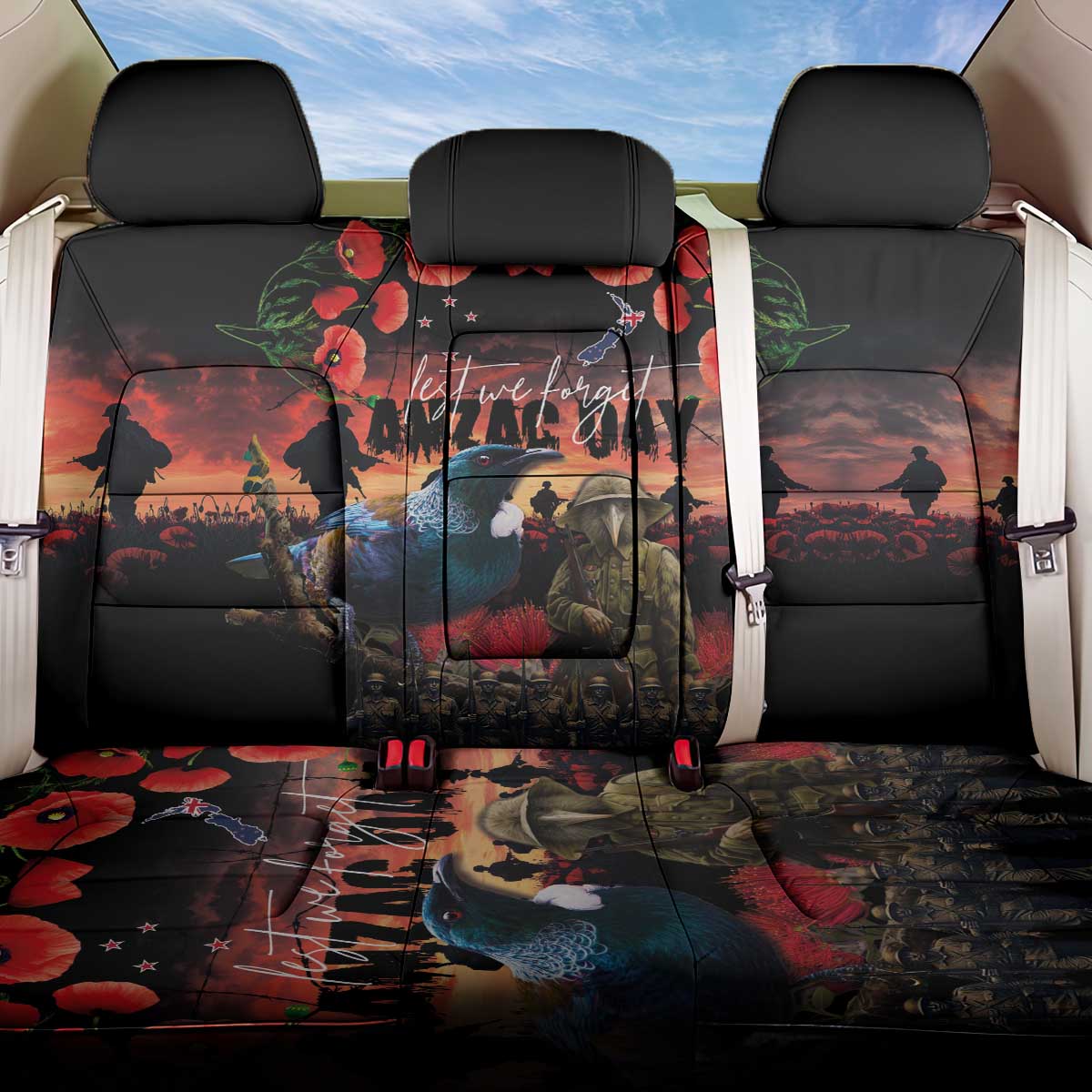 New Zealand ANZAC Day Back Car Seat Cover Tui Bird and Kiwi Bird Soldier - Forever in My Thoughts