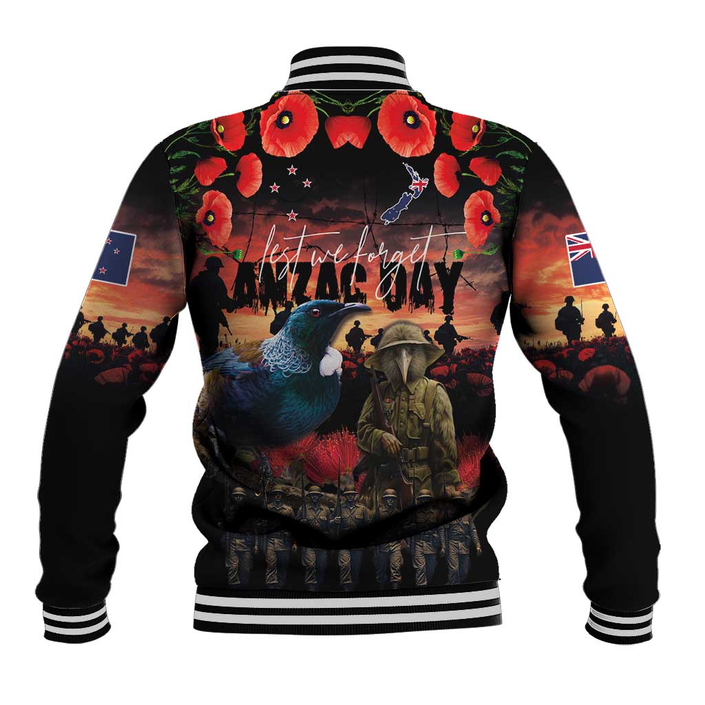 New Zealand ANZAC Day Baseball Jacket Tui Bird and Kiwi Bird Soldier - Forever in My Thoughts