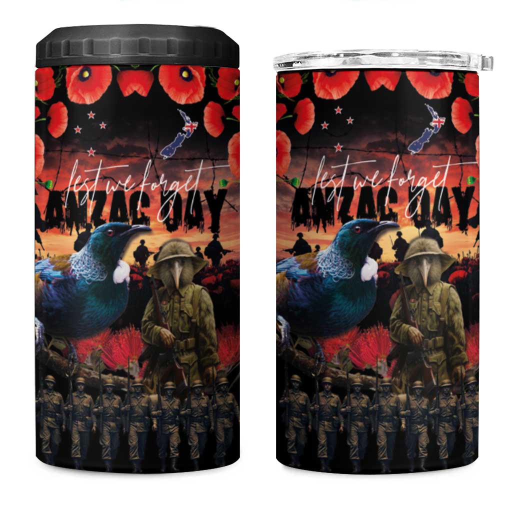 New Zealand ANZAC Day 4 in 1 Can Cooler Tumbler Tui Bird and Kiwi Bird Soldier Forever in My Thoughts