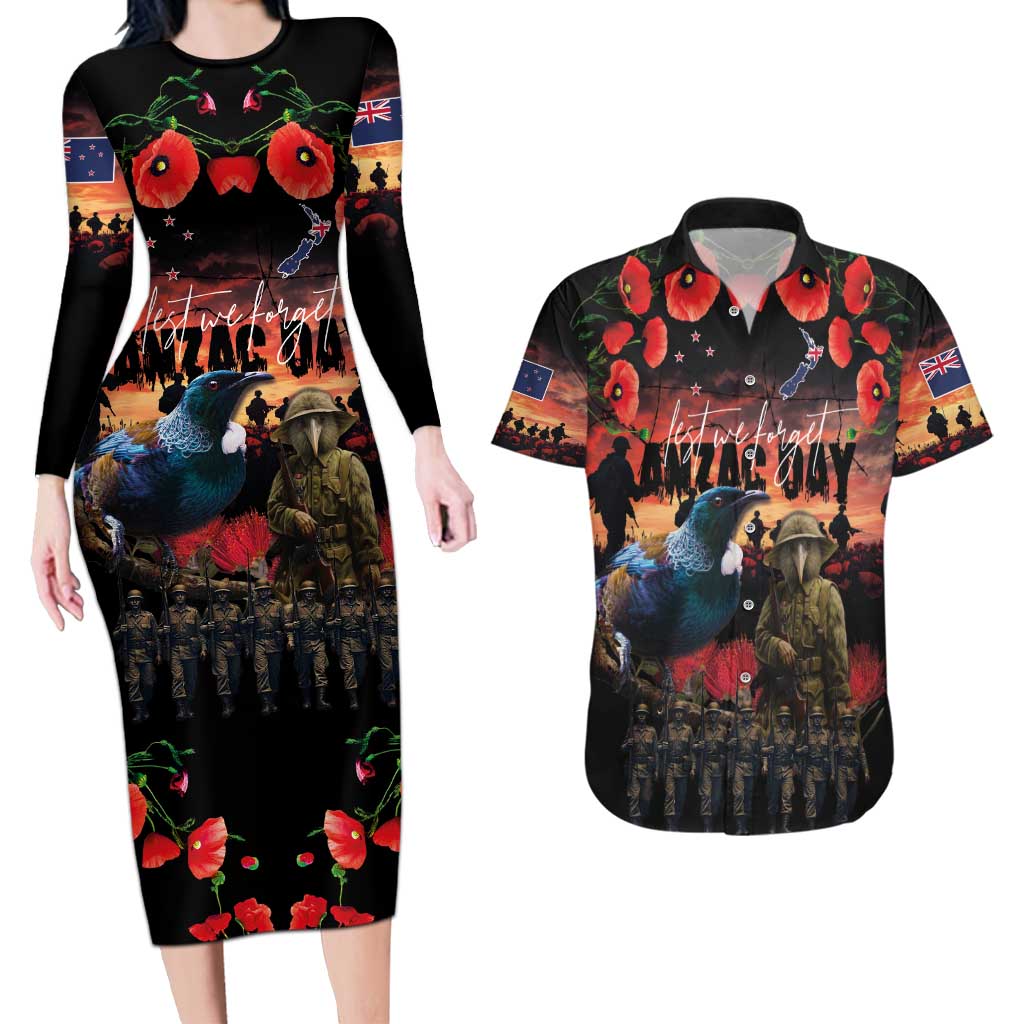 New Zealand ANZAC Day Couples Matching Long Sleeve Bodycon Dress and Hawaiian Shirt Tui Bird and Kiwi Bird Soldier - Forever in My Thoughts