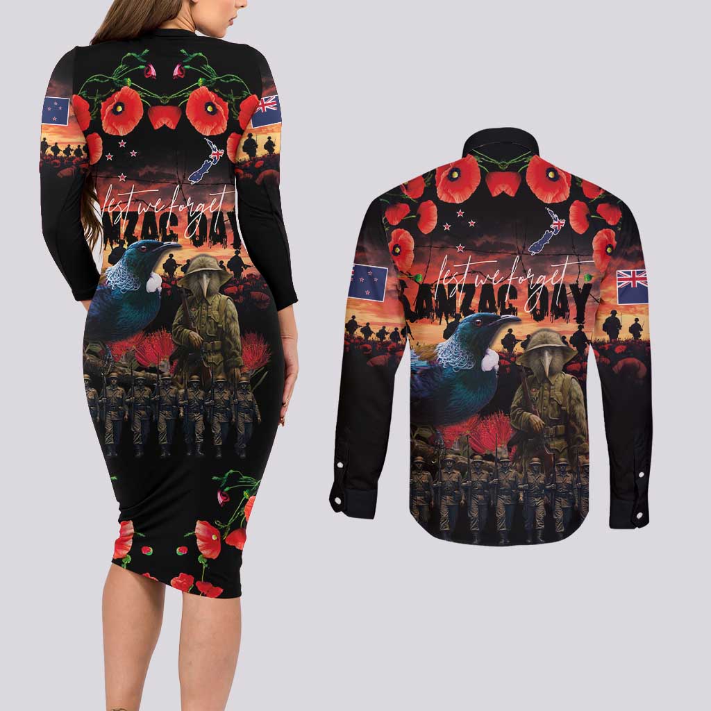 New Zealand ANZAC Day Couples Matching Long Sleeve Bodycon Dress and Long Sleeve Button Shirt Tui Bird and Kiwi Bird Soldier - Forever in My Thoughts