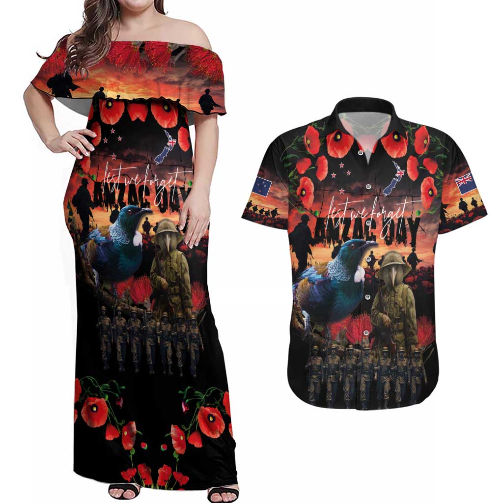 New Zealand ANZAC Day Couples Matching Off Shoulder Maxi Dress and Hawaiian Shirt Tui Bird and Kiwi Bird Soldier - Forever in My Thoughts