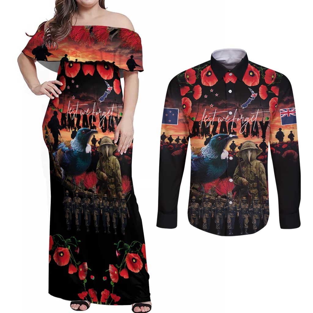 New Zealand ANZAC Day Couples Matching Off Shoulder Maxi Dress and Long Sleeve Button Shirt Tui Bird and Kiwi Bird Soldier - Forever in My Thoughts