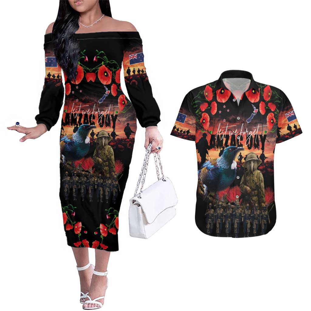 New Zealand ANZAC Day Couples Matching Off The Shoulder Long Sleeve Dress and Hawaiian Shirt Tui Bird and Kiwi Bird Soldier - Forever in My Thoughts