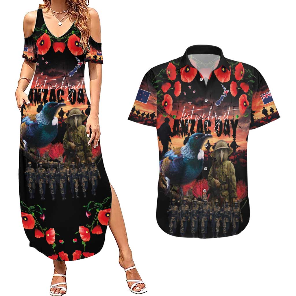 New Zealand ANZAC Day Couples Matching Summer Maxi Dress and Hawaiian Shirt Tui Bird and Kiwi Bird Soldier - Forever in My Thoughts